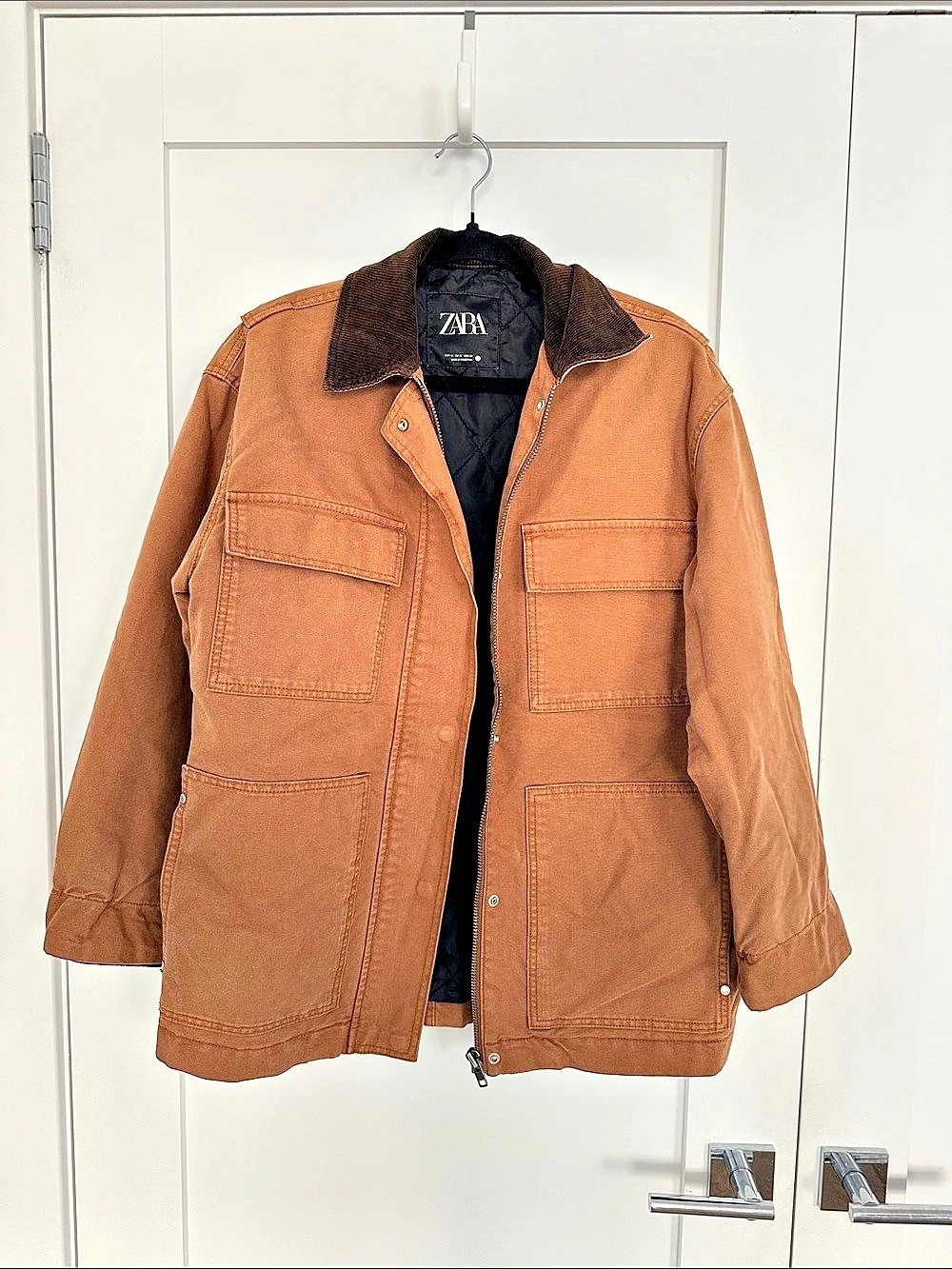 Zara Corduroy Collar Canvas Utility Jacket Brown Medium
